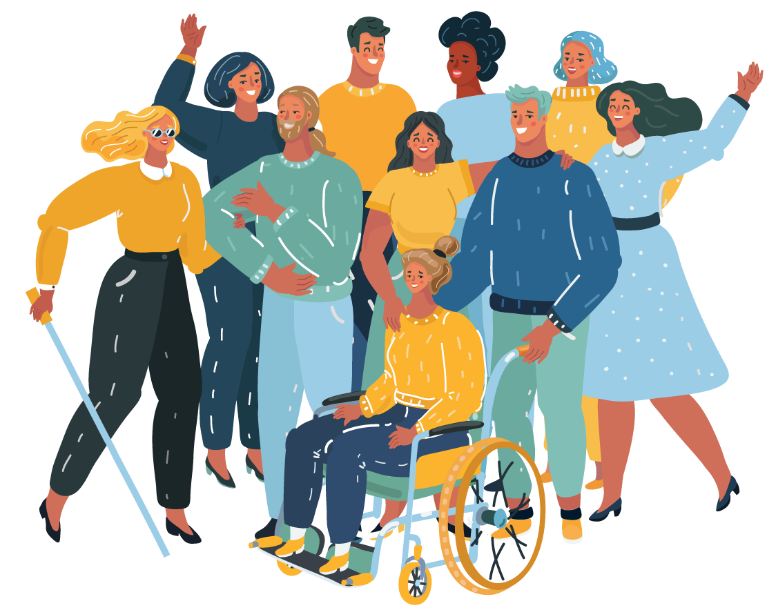 Group of diverse people smiling, some with arms raised, some standing and one woman in a wheelchair in the center.