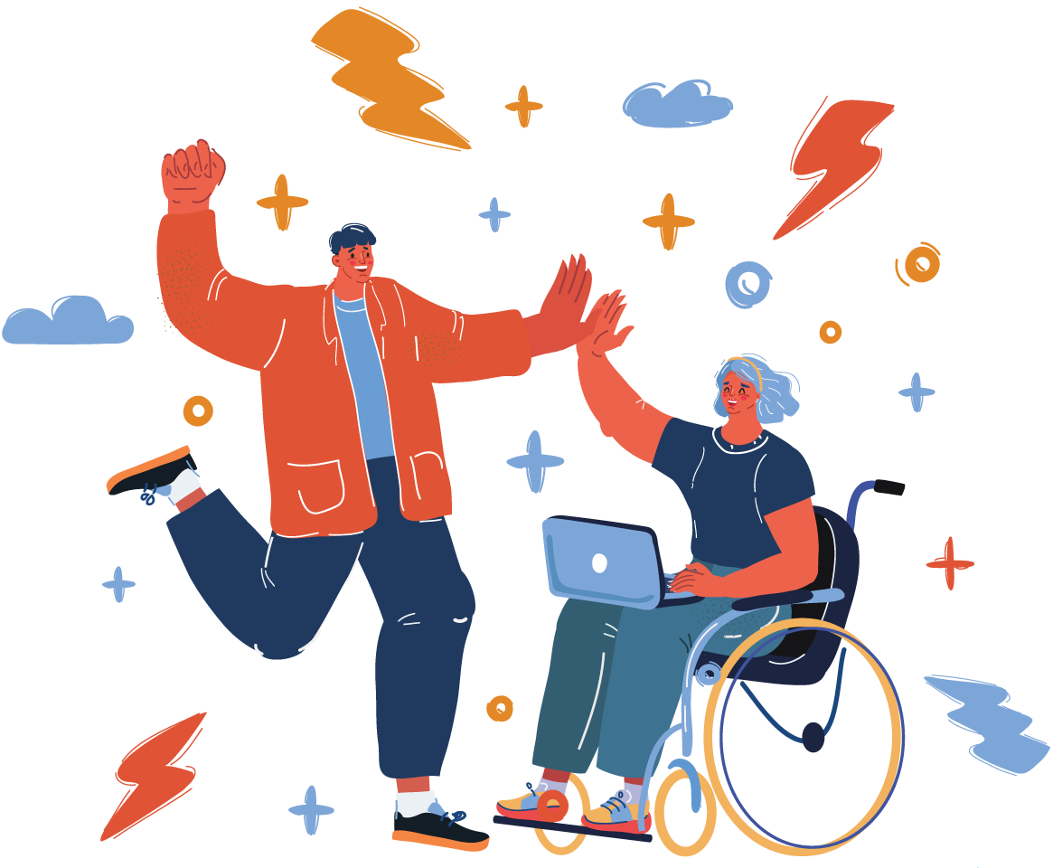 A man and a woman in a wheelchair high-five each other surrounded by colorful abstract shapes against a black background.