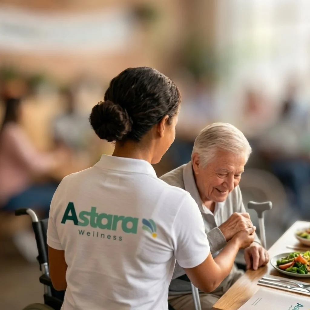 A caregiver assisting an elderly man in a wheelchair at a table with salad, in a wellness or nursing home setting.