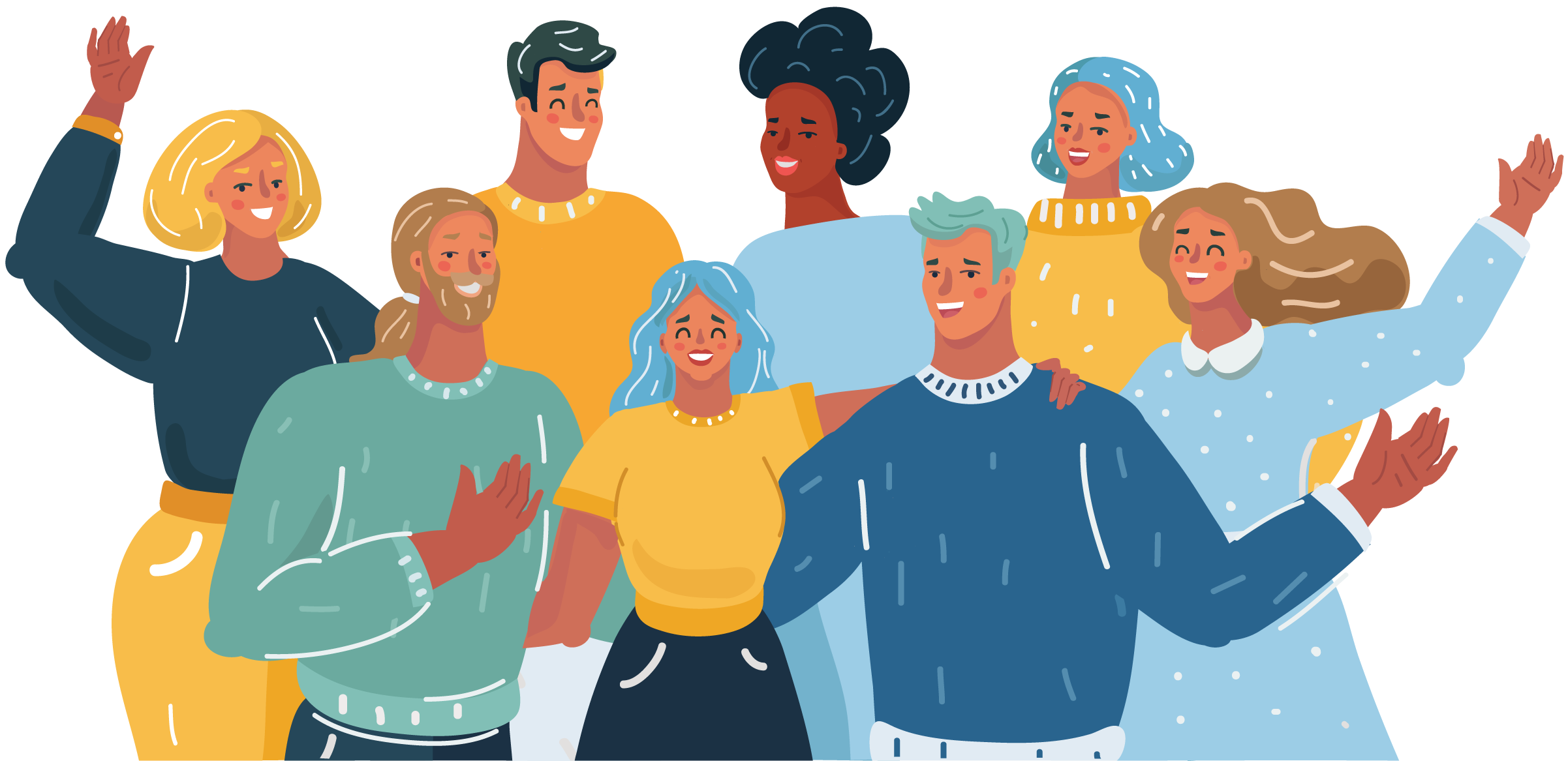 A group of diverse people gathered together, smiling, with some hugging or holding each other, in a joyful and celebratory pose.