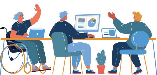 People working at a conference table with laptops and a screen displaying charts and data.
