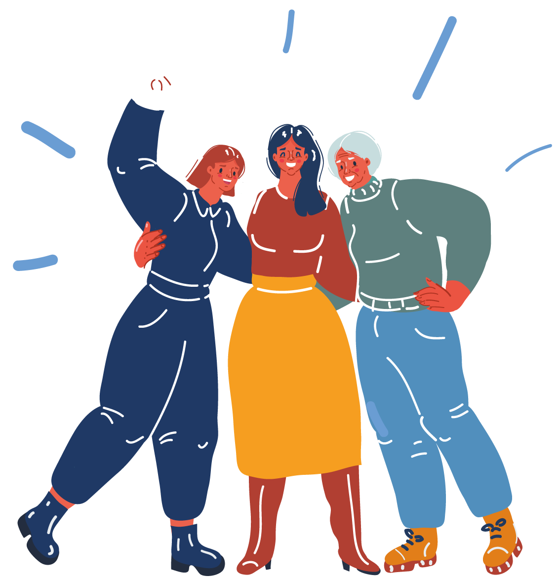 Three women smiling and posing together, with the woman on the left raising her arm.