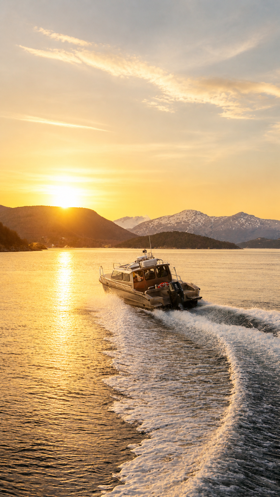 Båt kjører over en innsjø under solnedgang med fjell i bakgrunnen