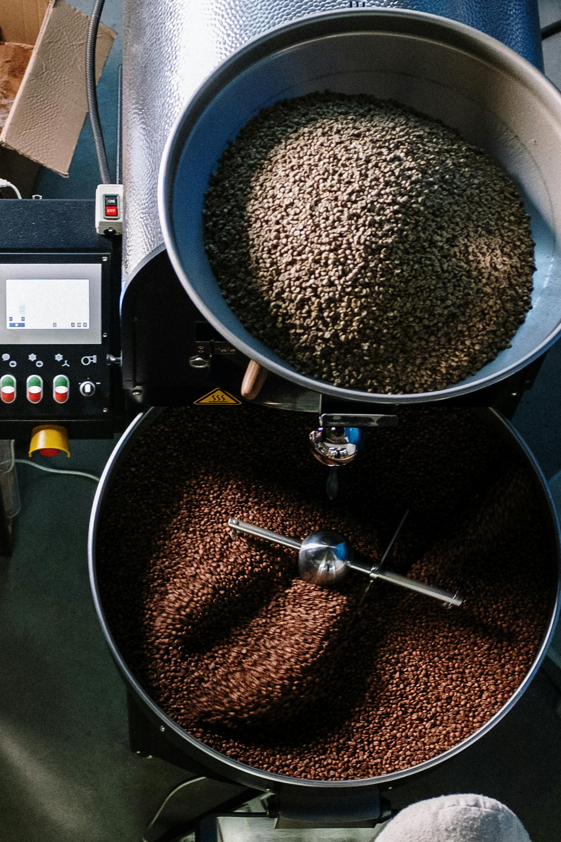 Fresh green and roasted coffee beans tumbling inside a large industrial roasting machine during a specialty coffee tour in Tokyo.