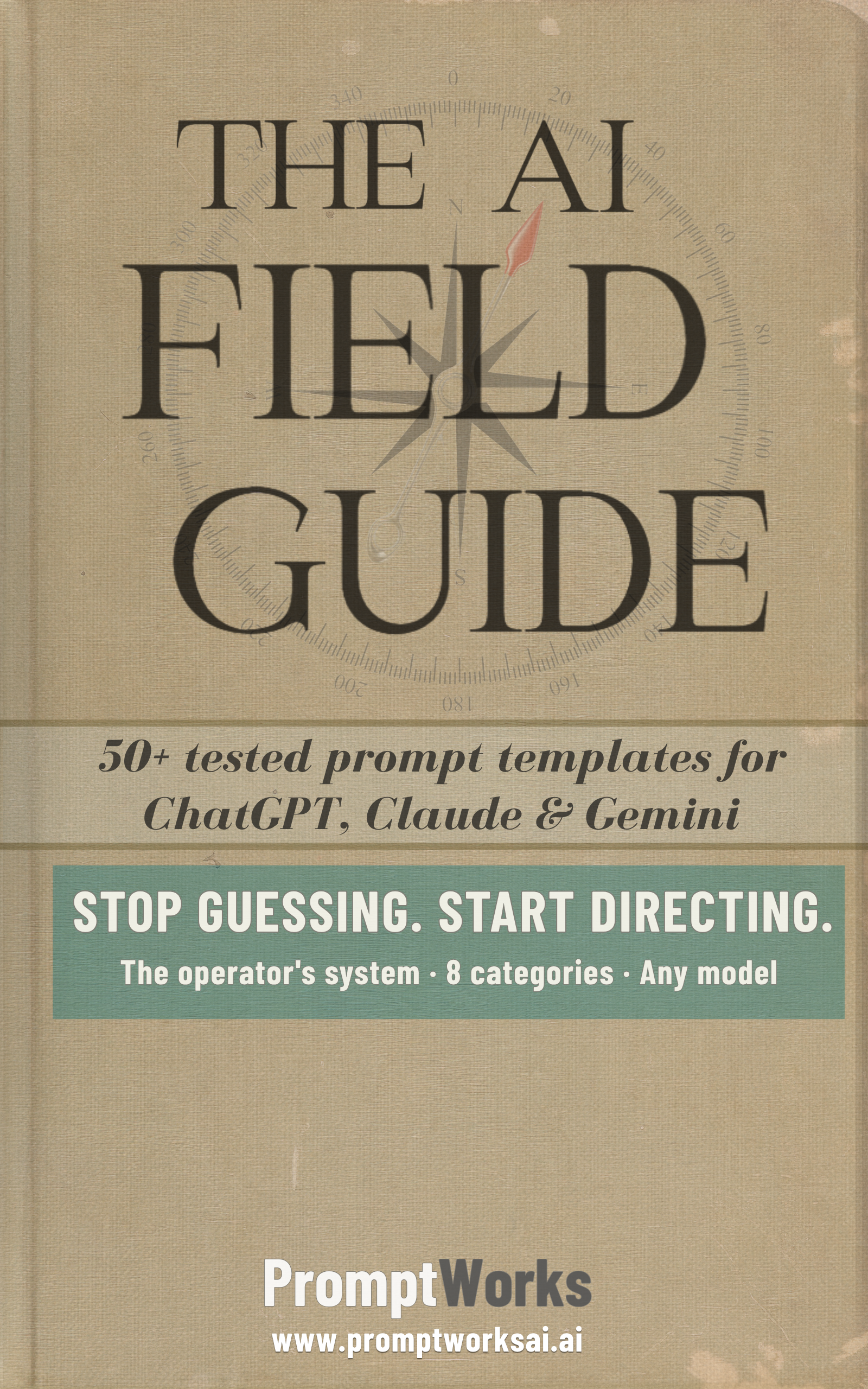 Cover of a guide titled 'The AI Field Guide' with a background featuring a compass, stating it includes 50+ tested prompt templates for ChatGPT, Claude, and Gemini. The section promotes stopping guessing and starting directing, discussing the operator's system with 8 categories for any model. The bottom features the PromptWorks logo and website.