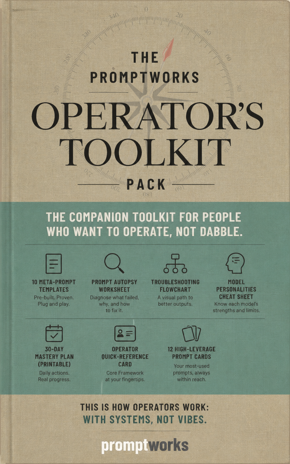 The Promptworks Operator’s Toolkit cover, a technical guide with a green and tan vintage aesthetic. Text reads: The companion toolkit for people who want to operate, not dabble. Featuring a compass design and system-focused AI workflows.