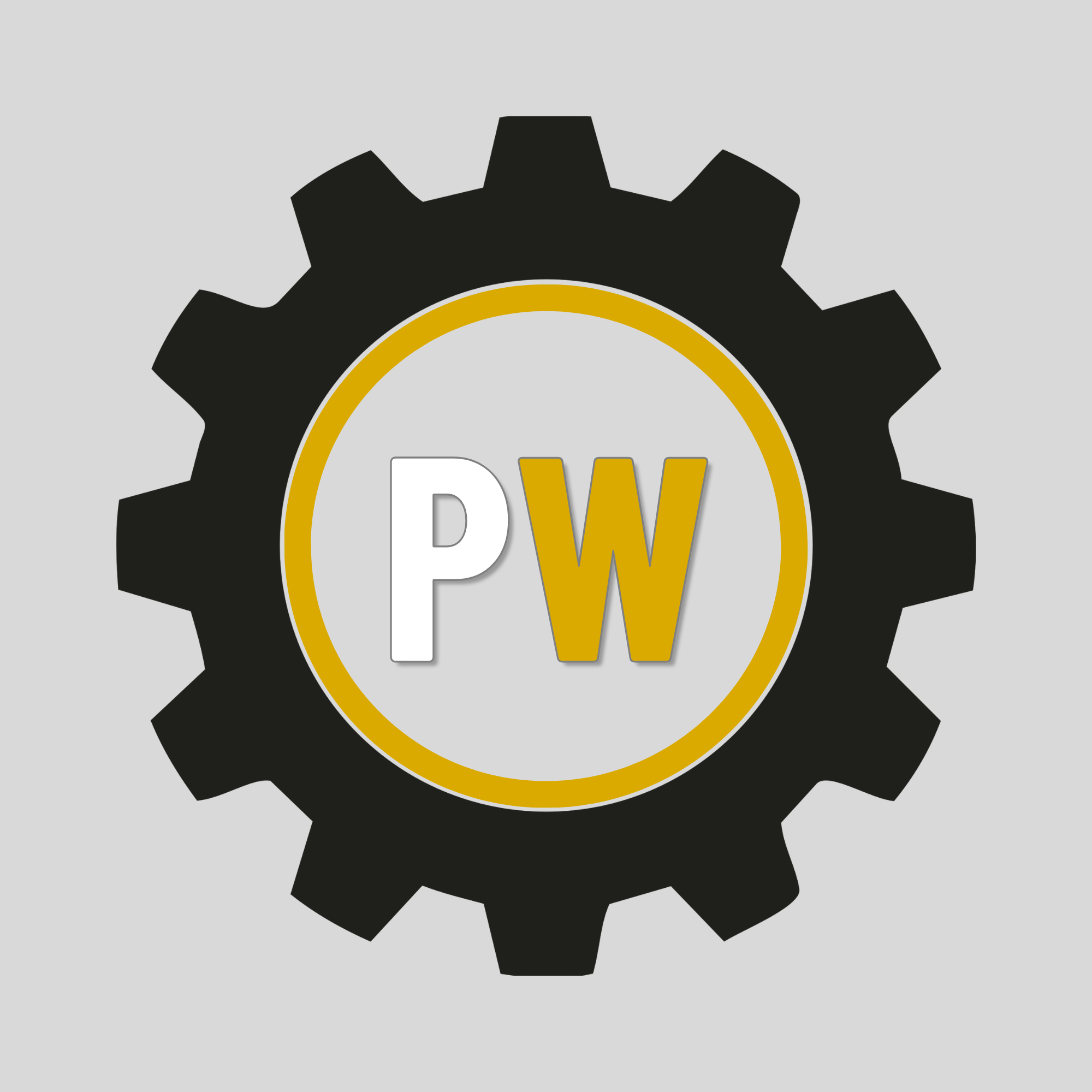 A graphic illustration featuring a part of a gear with the text "DW" in the center, set against a light gray background.