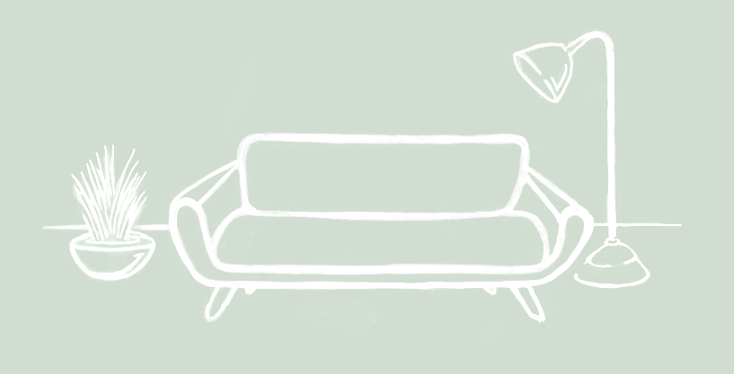 Outline drawing of a sofa with a lamp and potted plant on either side.