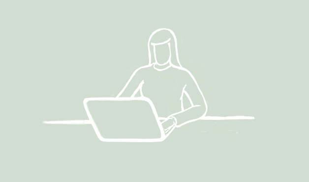 Line drawing of a woman sitting at a table using a laptop