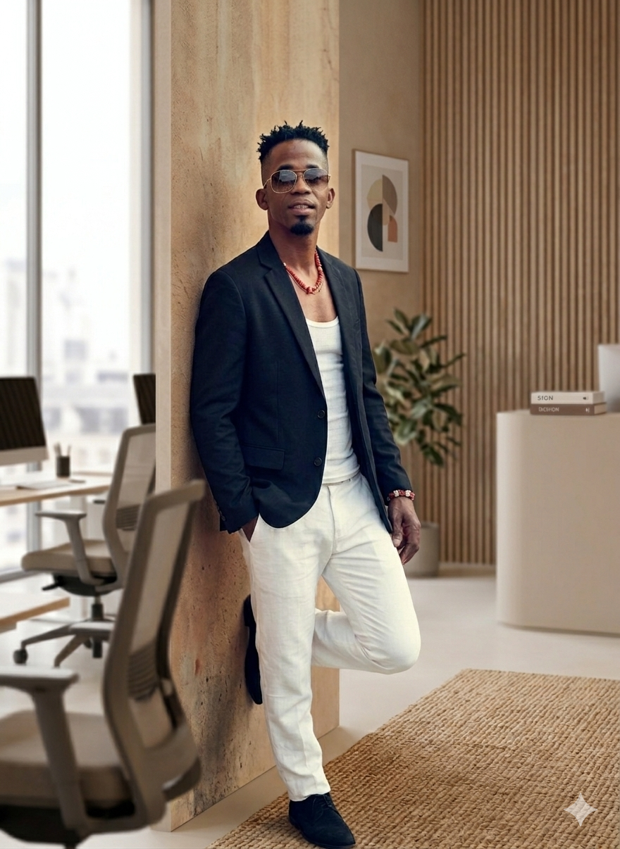 Hombre joven con gafas de sol, blazer negro, camiseta blanca y pantalones blancos, de pie en una oficina moderna con paredes de madera y decoraciones abstractas, apoyado contra una pared.