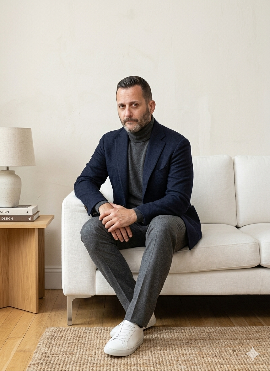 Hombre sentado en un sofá blanco en una sala de estar minimalista, con un lado una lámpara y una pila de libros. Está vestido con un blazer azul, suéter gris y pantalones gris oscuro, con zapatillas blancas.