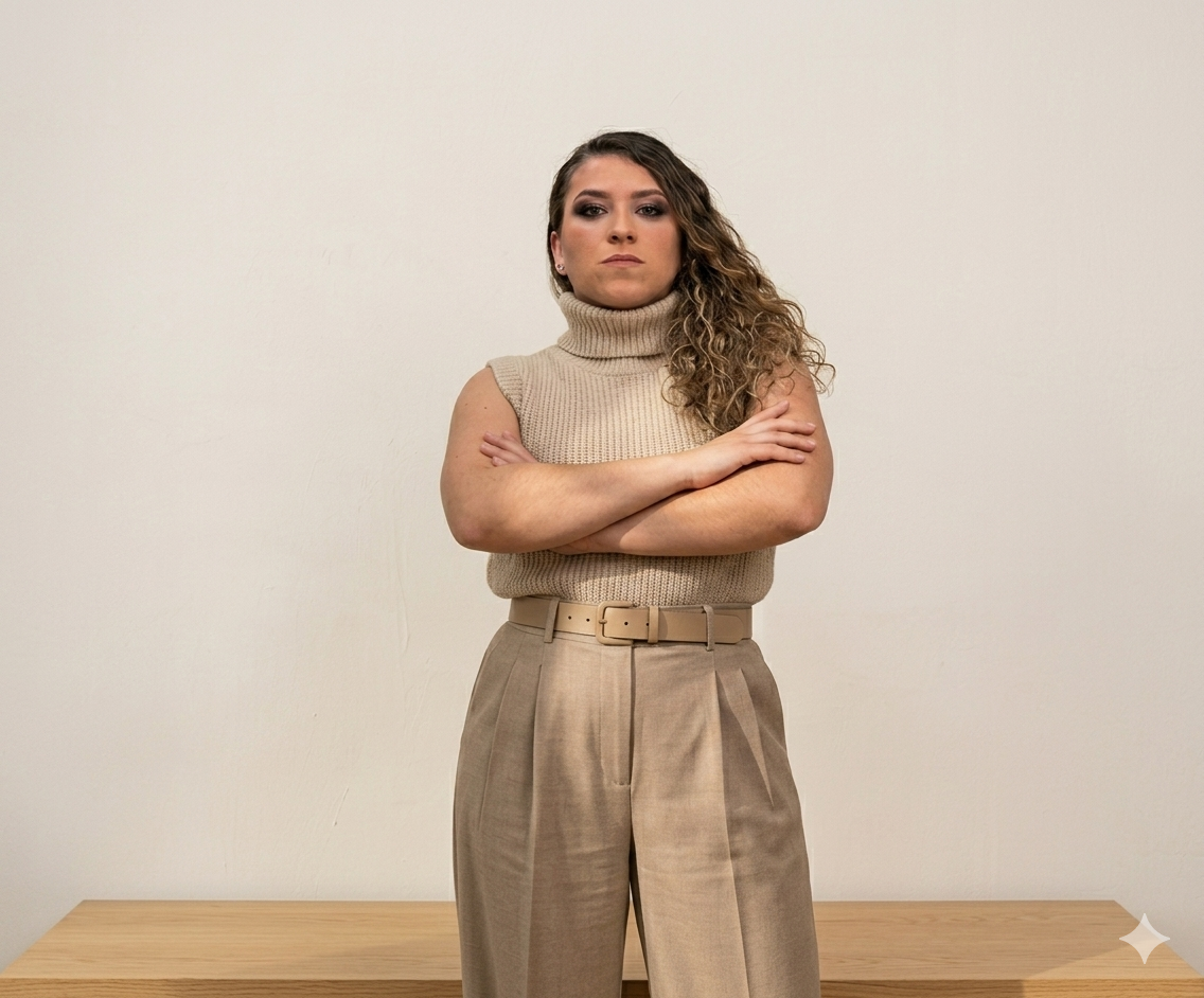 Mujer de cabello rizado con brazos cruzados posando frente a una pared blanca.