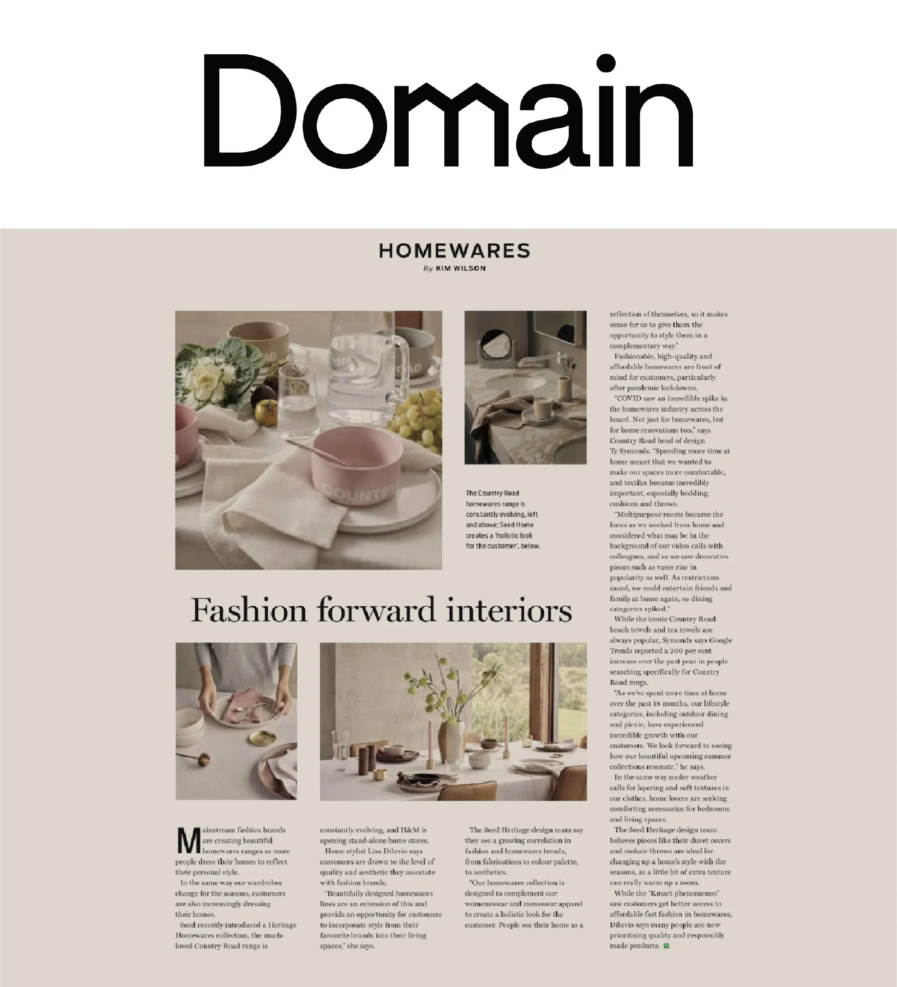 Magazine or website article titled "Fashion forward interiors" featuring images of tableware and home decor, with text discussing trends in homewares and interior design.