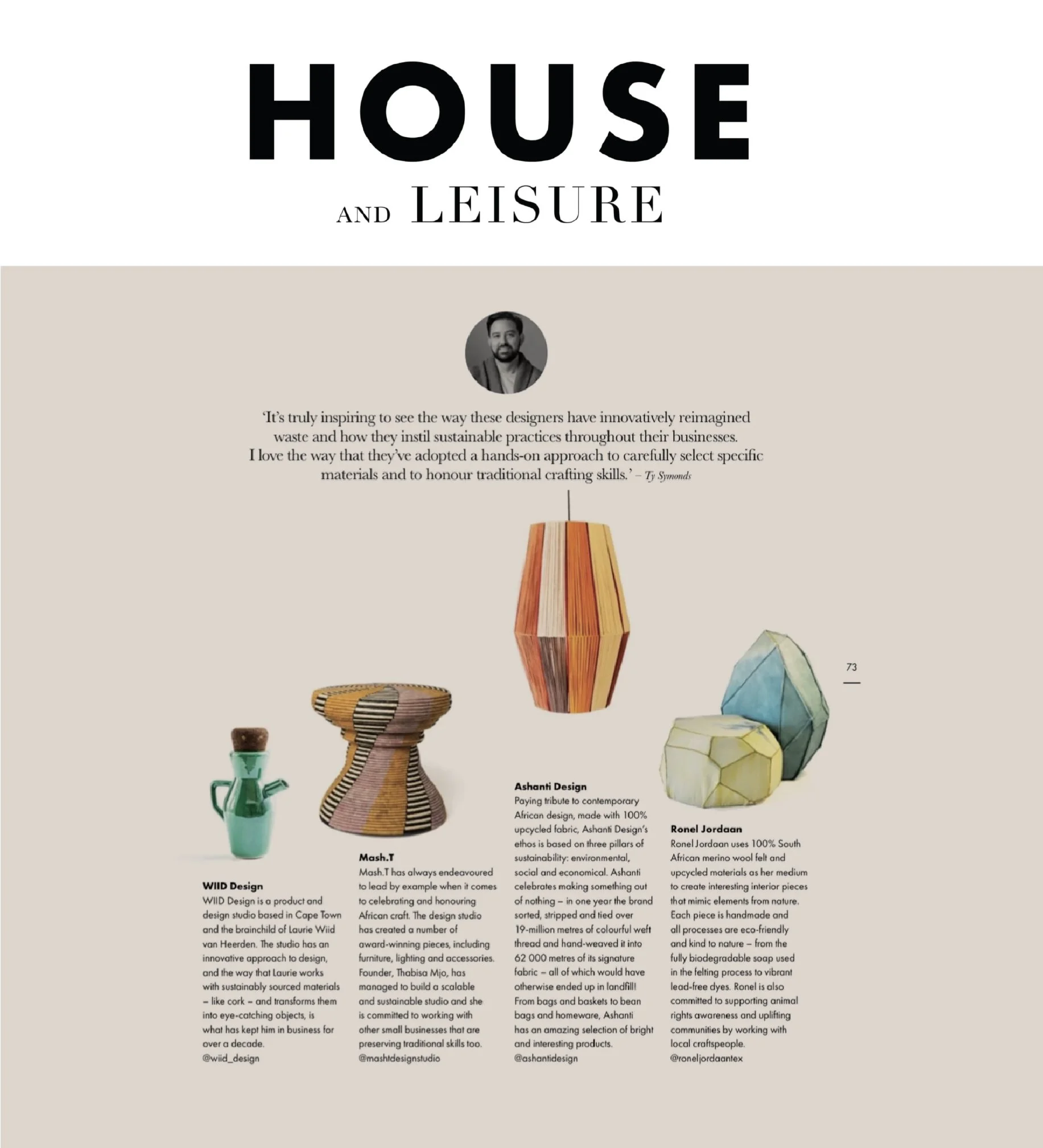 Magazine page titled "House and Leisure" featuring images of handcrafted African-style ceramic and fabric vessels, with article text discussing design and sustainability.
