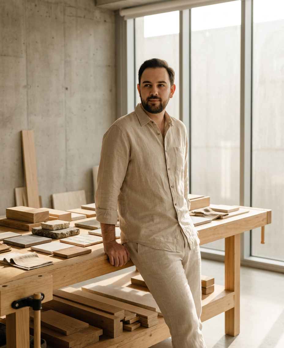 A man leaning against a wooden workbench in a modern, well-lit studio with large windows, surrounded by various samples of wood and stone materials.
