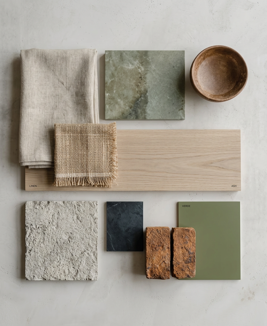 Arrangement of various natural materials and samples including fabric swatches, stone tiles, a wooden plank, a ceramic bowl, and color swatches in earthy tones.