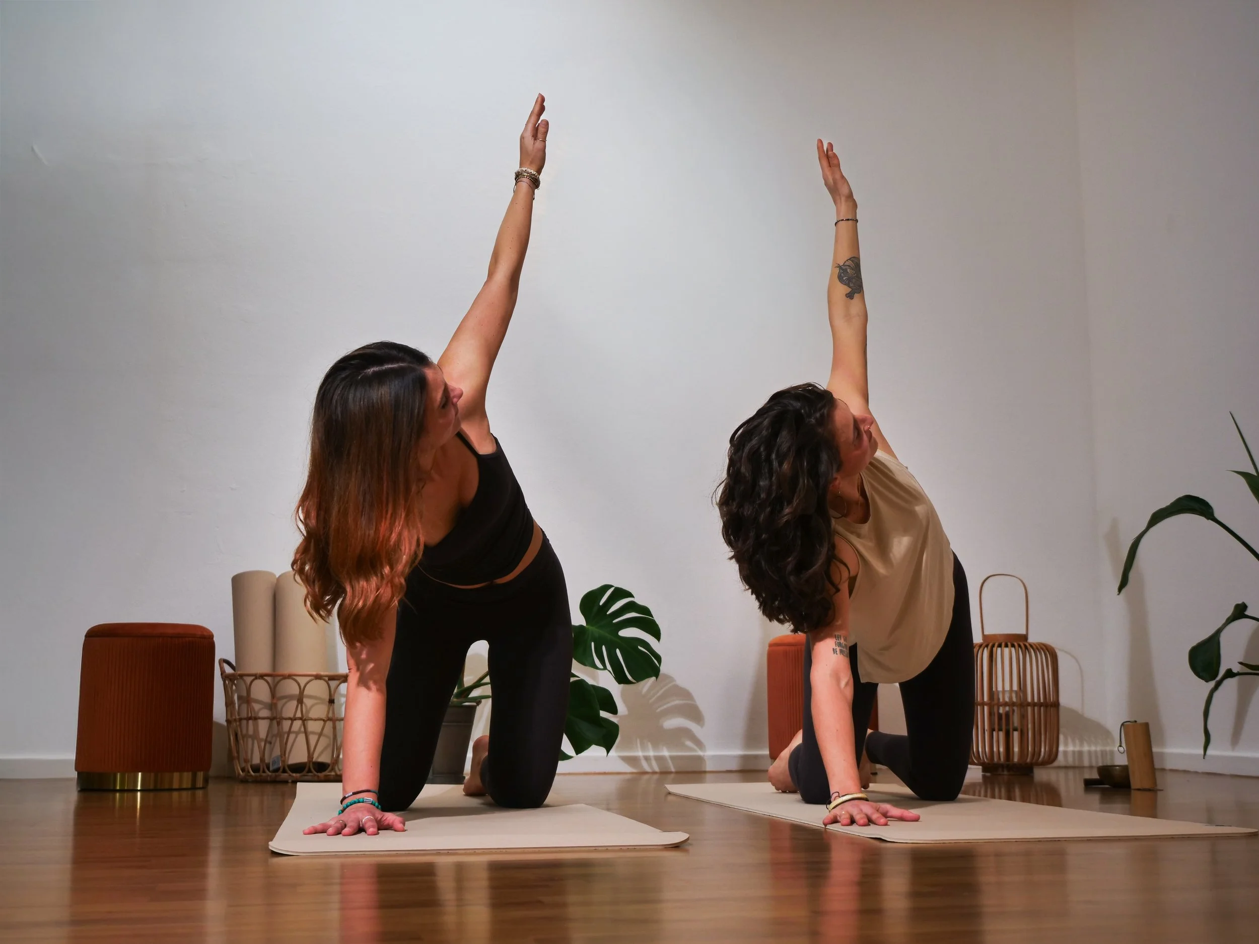 Zwei Frauen machen eine Yoga-Pose auf Yogamatten im Wohnzimmer, umgeben von Pflanzen und Möbeln.