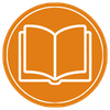 Icona di un libro aperto su sfondo arancione.