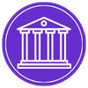Simbolo di un edificio con colonne classiche, come un tempio greco o romano, rappresentato in stile lineare e moderno.