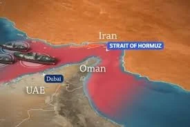 Map showing Iran, Oman, Dubai, UAE, and the Strait of Hormuz in the Persian Gulf.