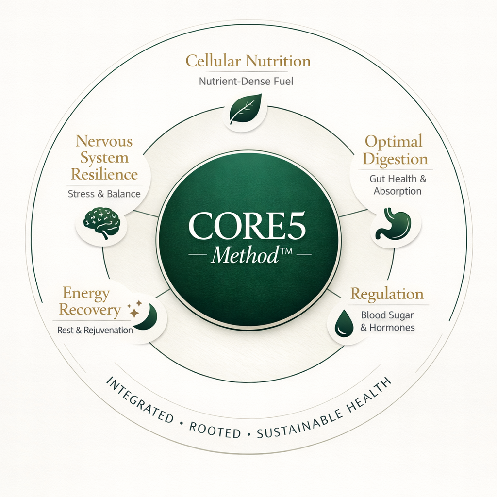 The CORE5 Method™ is the root-cause framework that guides every client's journey at Verde Holistic Nutrition. It focuses on the five foundational systems that influence how your body functions every day — because lasting health isn't about doing more
