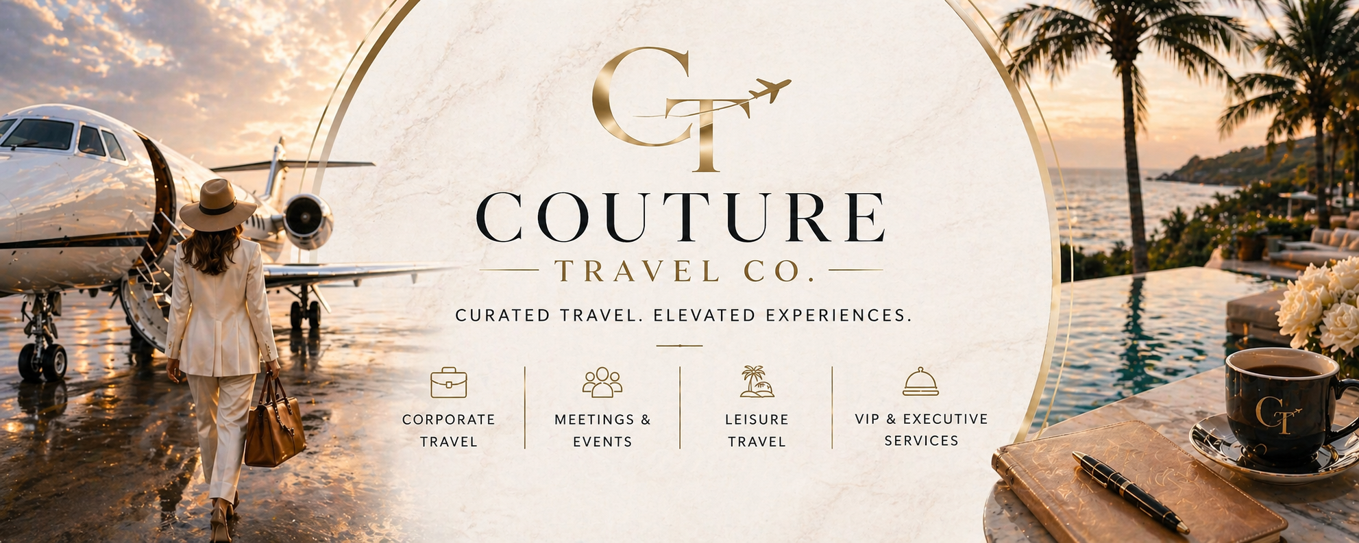 Luxury travel advertisement for Couture Travel Co. featuring a woman in a suit walking toward private jet at sunset, tropical pool, and outdoor lounge area with a coffee cup and notebook on a table.