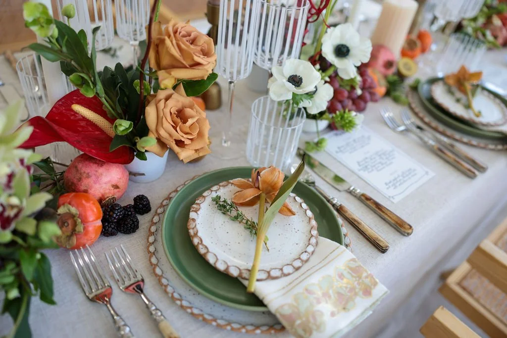 close up detail of an eclectic tablescape designed by jasper and lane events