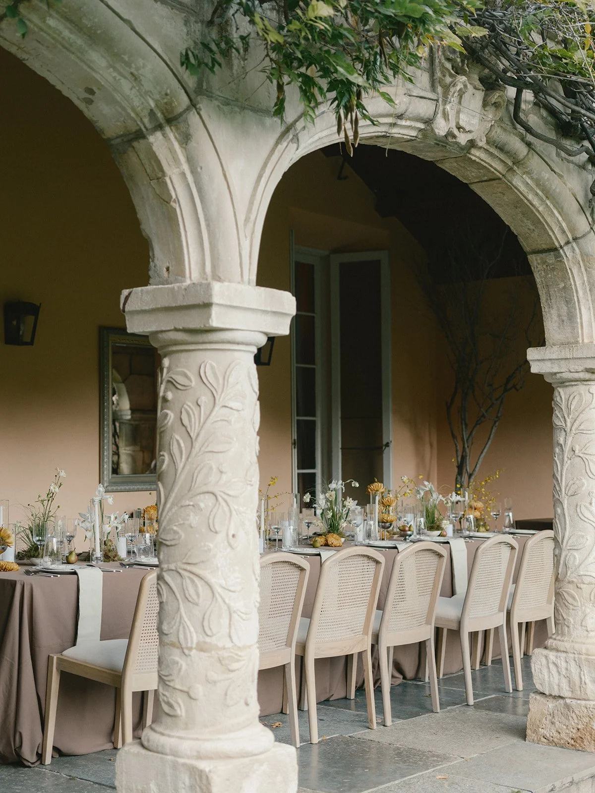 a wide shot of a welcome dinner set up at Stone Pine Estate planned by Jasper and Lane Events
