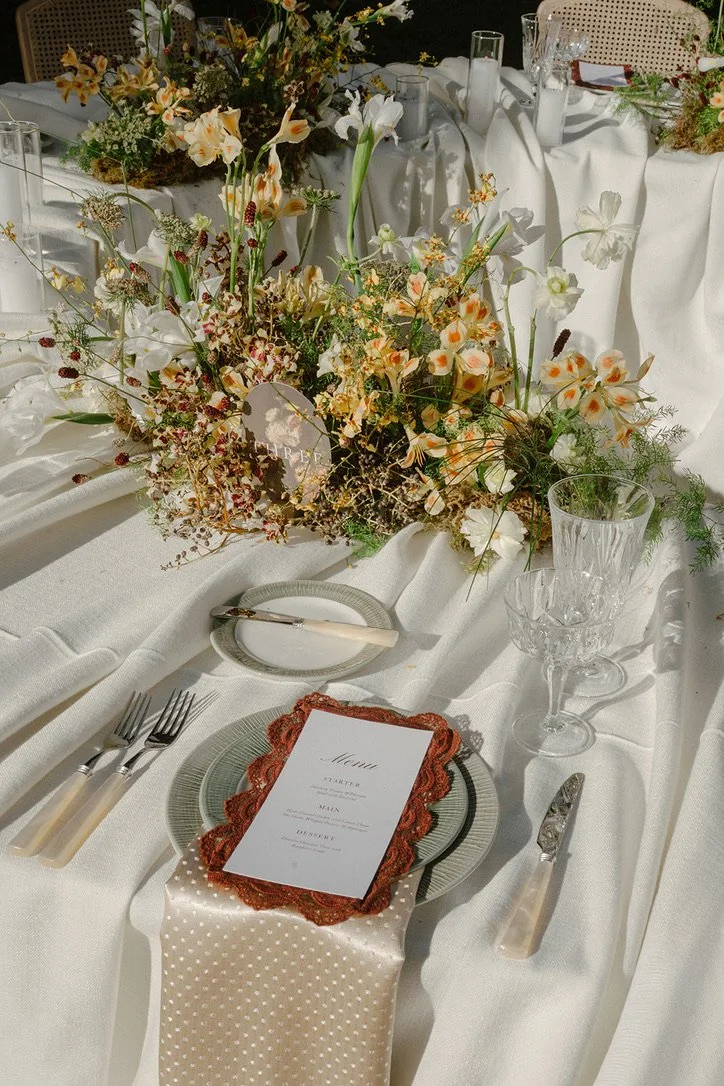 a close up detail of a luxury tablescape with flowers and tableware designed by Jasper and Lane Events