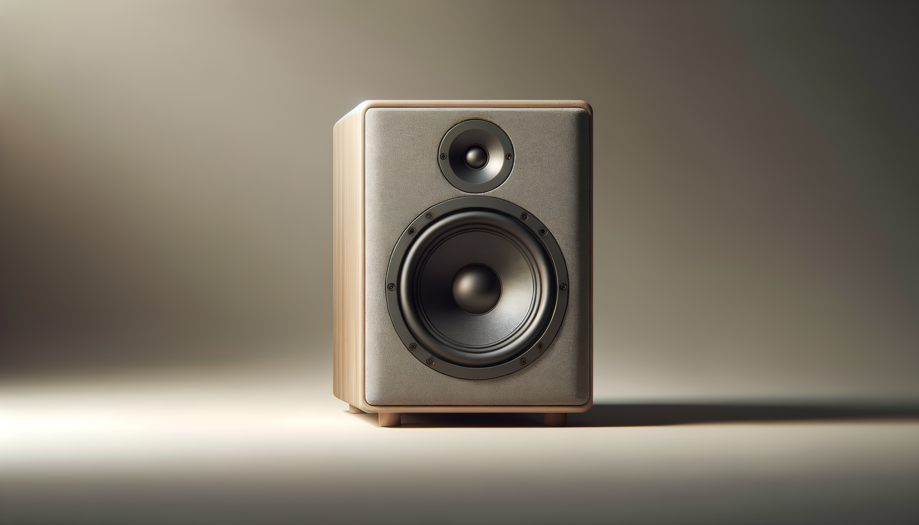A modern wooden speaker with a fabric front, two circular drivers, and a minimalist design on a gradient background.