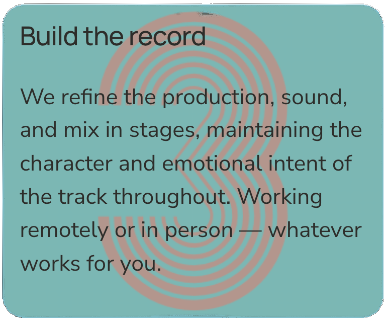 Text overlay on a teal background with a red fingerprint outline reading 'Build the record'. The text discusses refining production, sound, and mixing in stages while maintaining character and emotional intent, whether working remotely or in person.