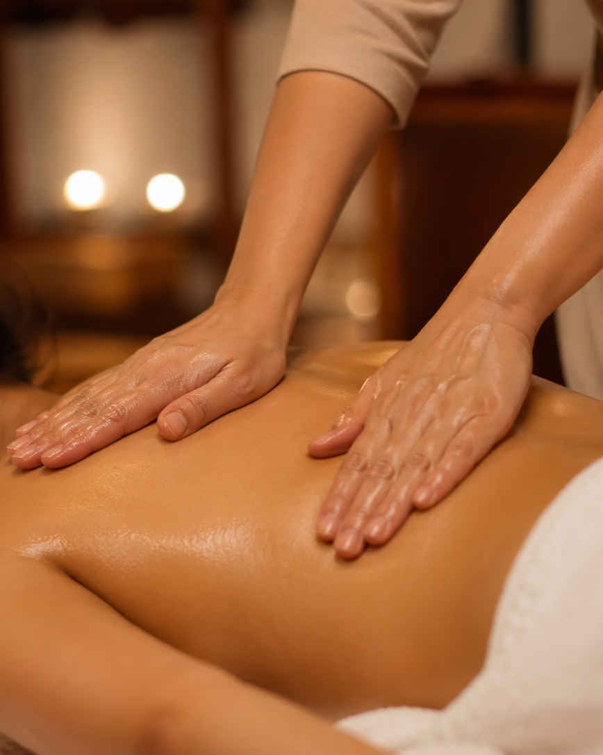 Close-up of a person receiving a massage on their back in a spa setting.