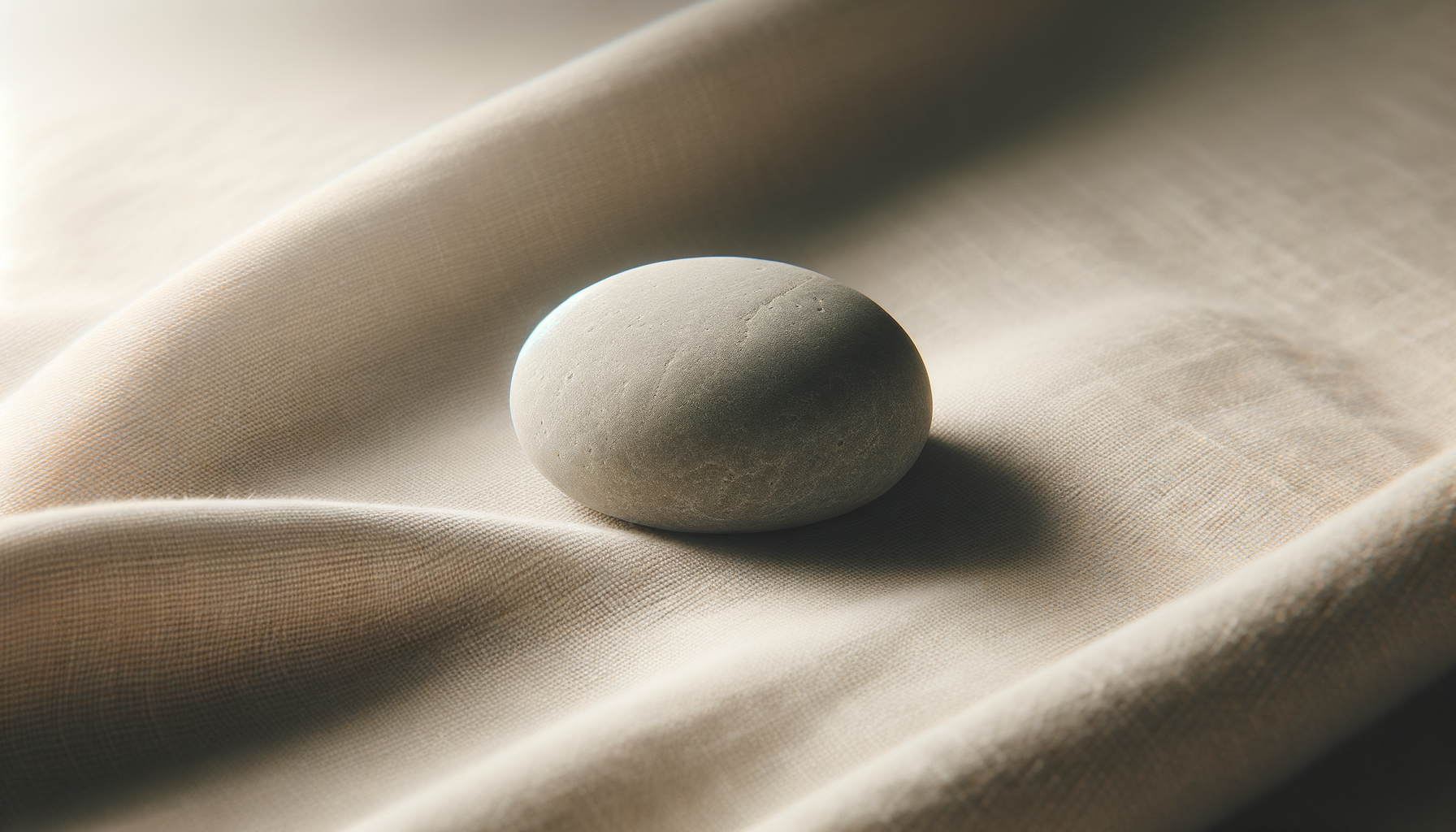 A smooth, rounded stone resting on a light-colored, textured fabric with soft folds.
