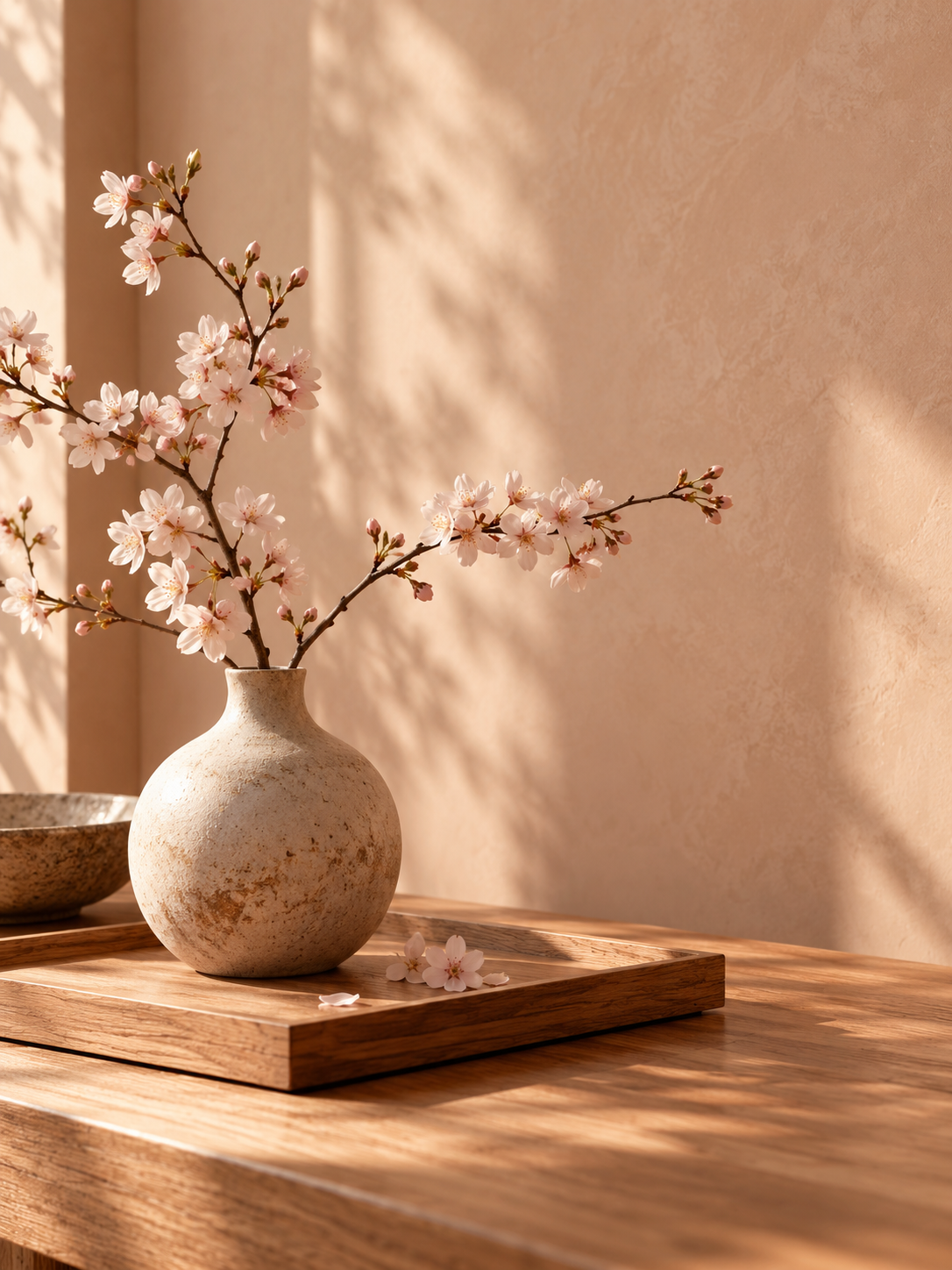 A beige vase with a textured surface holding pink cherry blossoms, placed on a wooden table with a wooden tray, in natural sunlight casting shadows on a textured beige wall.