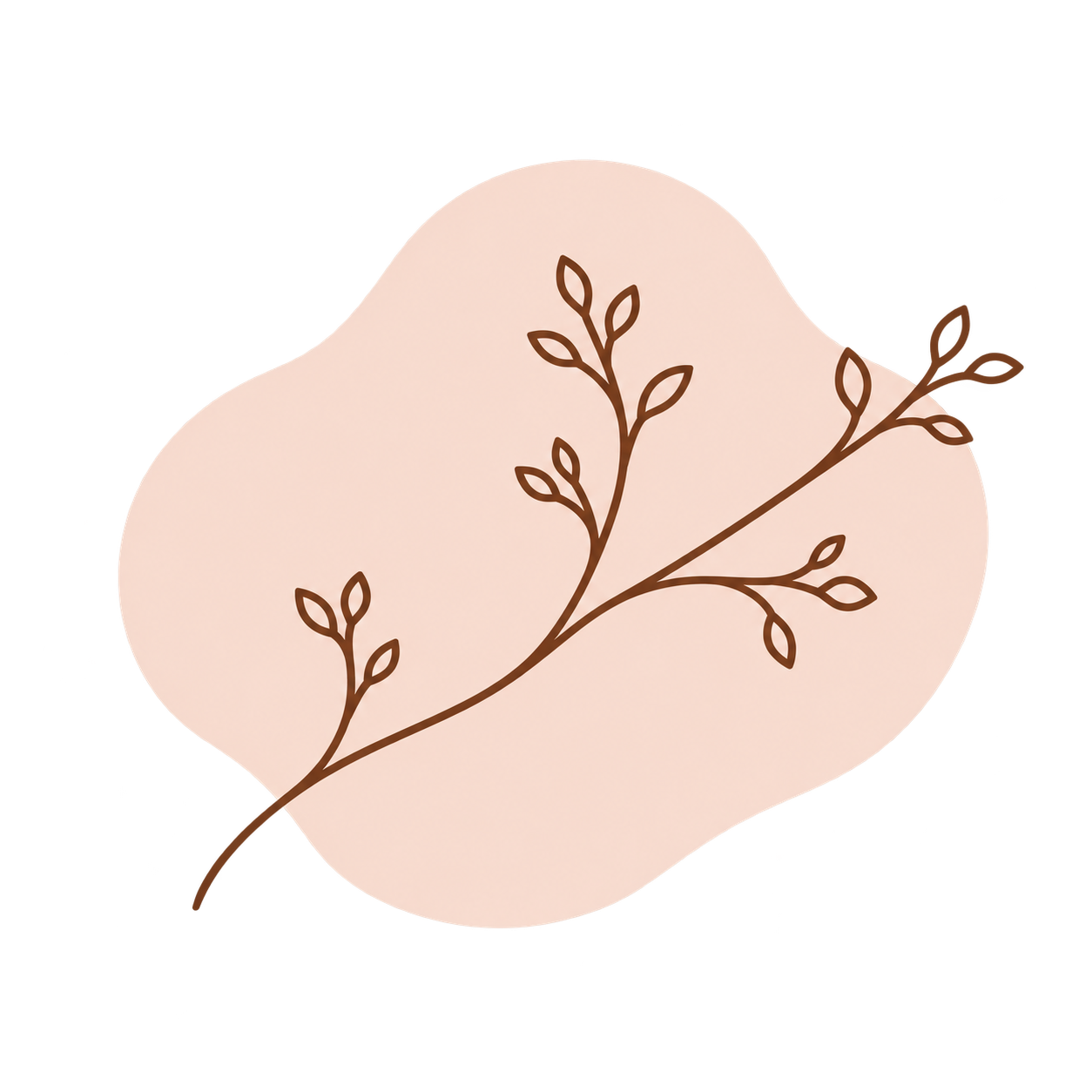 A light pink, irregularly shaped paper with a simple brown line drawing of a branch with small leaves.