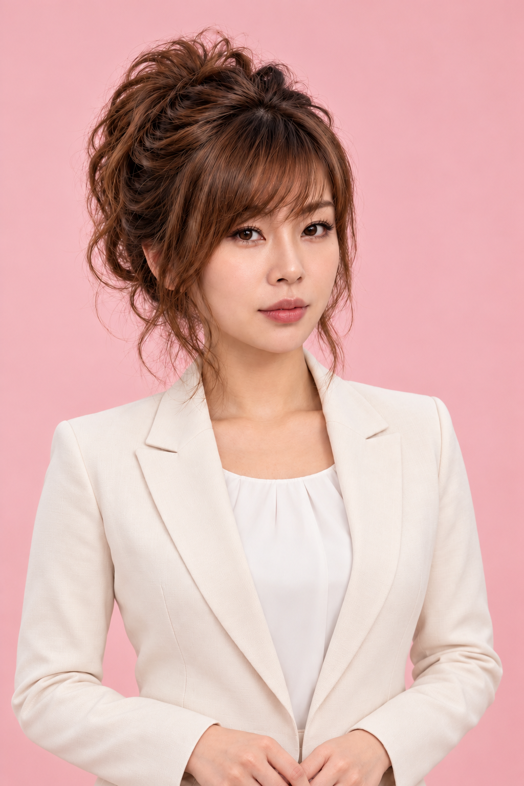 Woman with styled brown curly hair wearing a white blazer and top, posing against a pink background.