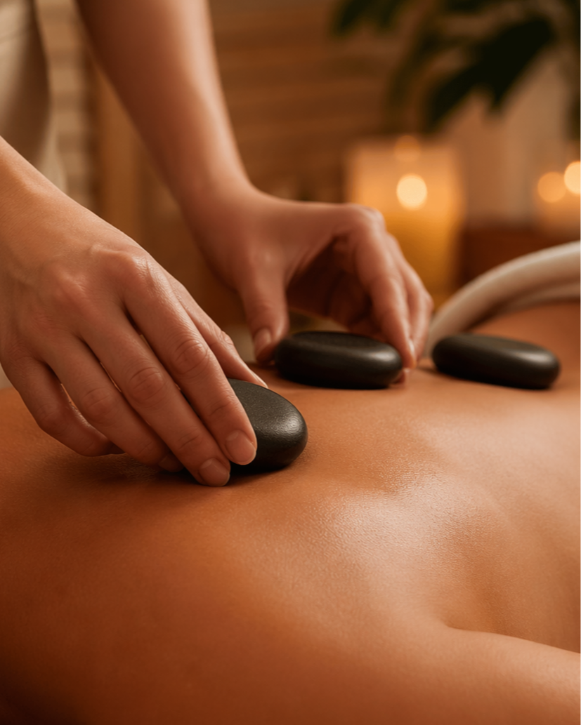 Person receiving hot stone massage on back in a spa setting with warm lighting.