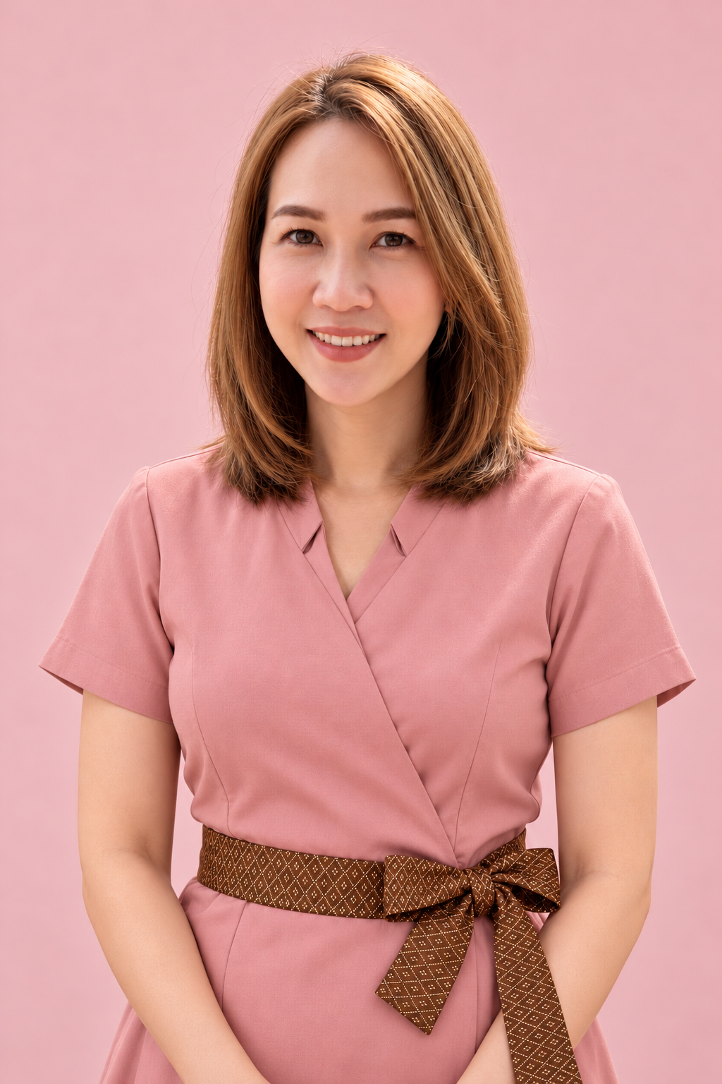 A young woman with shoulder-length light brown hair, smiling, wearing a pink V-neck dress with short sleeves and a brown patterned belt, standing against a pink background.