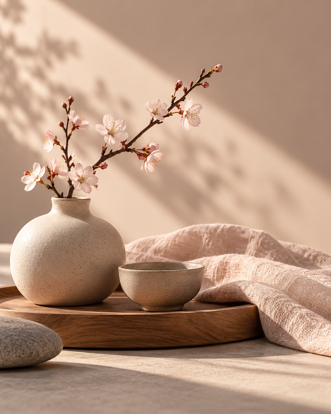 A ceramic vase with pink cherry blossoms, a small matching bowl, placed on a wooden tray, with a textured light pink cloth and a stone on a light surface under soft sunlight.