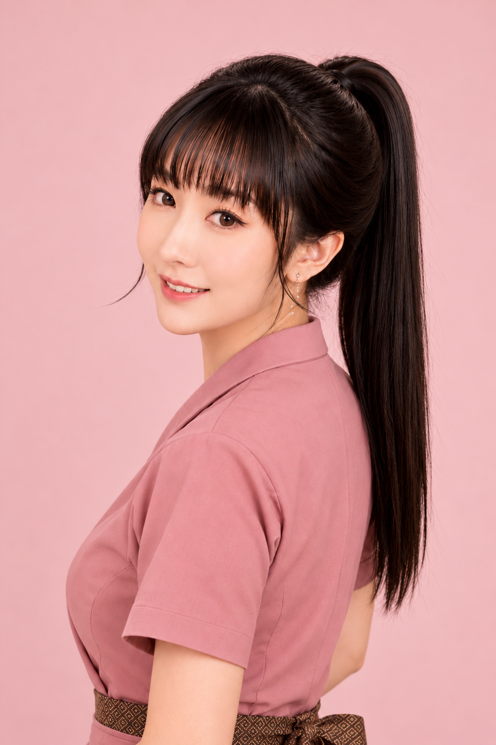 A young woman with long dark hair in a high ponytail, wearing a pink short-sleeved shirt and a patterned brown belt, smiling at the camera against a pink background.