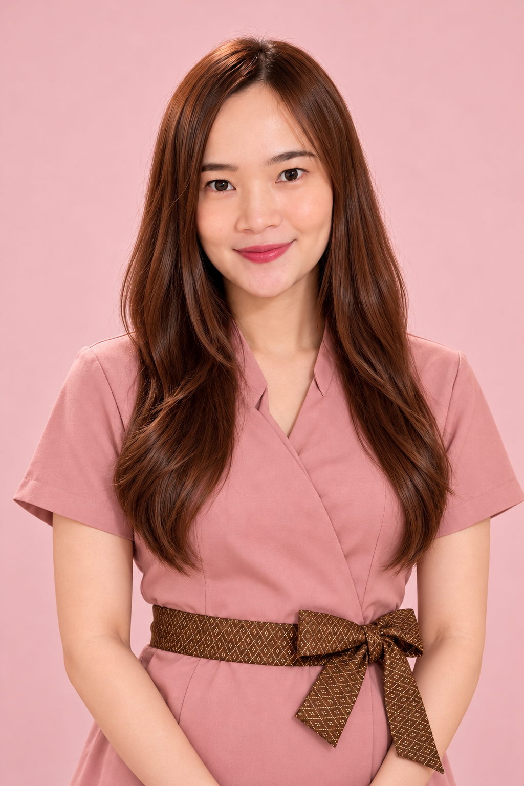 A young woman with long brown hair smiling, wearing a pink wrap dress with a brown patterned belt, against a pink background.