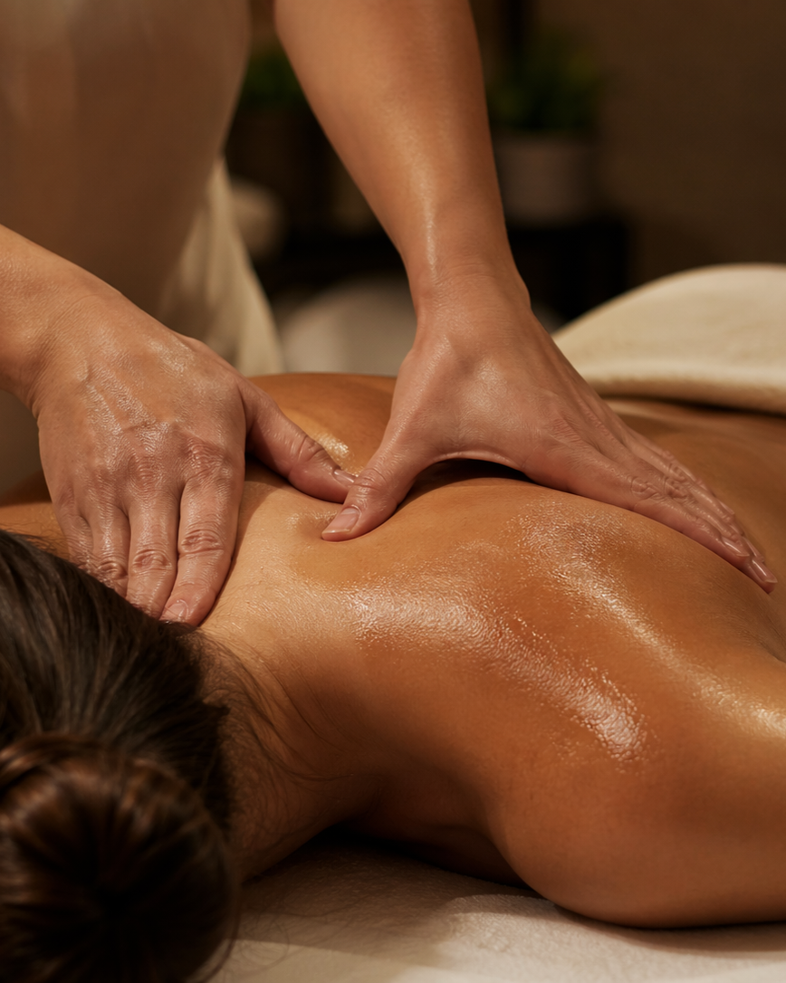 Person receiving a massage with massage oil on their back in a spa setting.