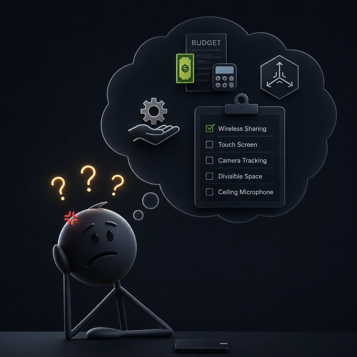 A 3D-rendered black ball with arms and legs holding its head in a puzzled manner, with question marks above and an angry symbol on its forehead. A thought bubble contains icons representing financial planning, technology, and cloud services, along with a checklist including wireless sharing, touch screen, camera tracking, divisible space, and ceiling microphone.