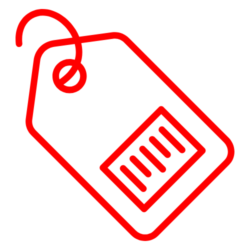Red outlined price tag with a string at the top, placed against a black background.