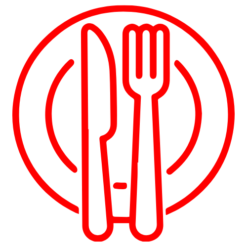 Red glow outline of a knife and fork on a plate.