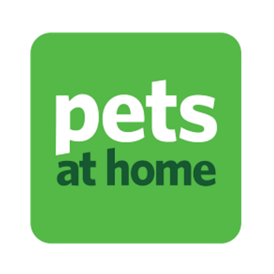 Green square logo with rounded edges displaying the text 'pets at home' in white and dark green letters.