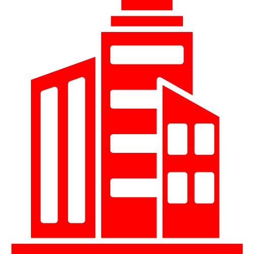 Red outline of multiple buildings or skyscrapers.