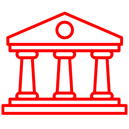 Red outline of a classical building with columns and a triangular pediment.