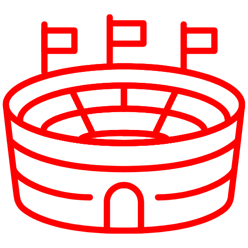 Outline of a sports stadium or arena with three flags on top, depicted in red on a black background.