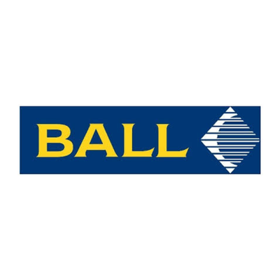 Logo with the word 'BALL' in yellow text on a blue background, next to a blue diamond shape with white horizontal lines.